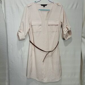Sharagano‎ Women's Pink And White Strip Dress V Neck 3/4 Sleeve Belted Sz 10